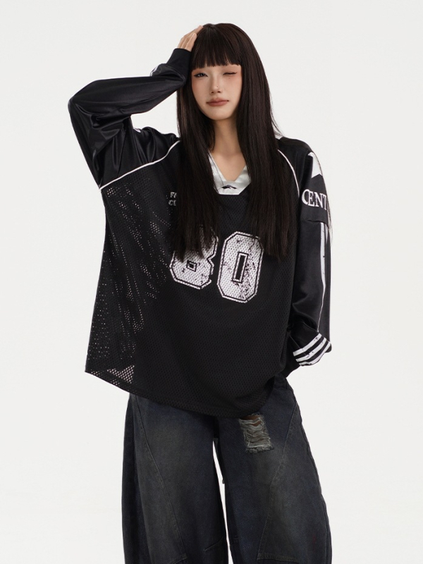 Unisex majica s dugim rukavima, V-izrez, širokog kroja, hip-hop street stil, američki retro dizajn