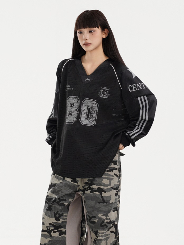 Unisex majica s dugim rukavima, V-izrez, širokog kroja, hip-hop street stil, američki retro dizajn