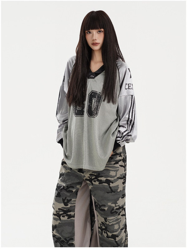 Unisex majica s dugim rukavima, V-izrez, širokog kroja, hip-hop street stil, američki retro dizajn