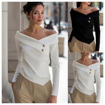 Ženski pleteni top s jednim ramenom, dugi rukav, V-izrez, srednja duljina, elegantan gradski stil