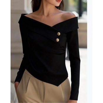 Ženski pleteni top s jednim ramenom, dugi rukav, V-izrez, srednja duljina, elegantan gradski stil