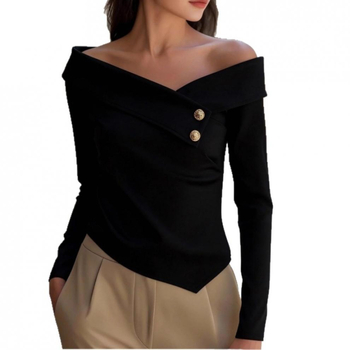 Ženski pleteni top s jednim ramenom, dugi rukav, V-izrez, srednja duljina, elegantan gradski stil