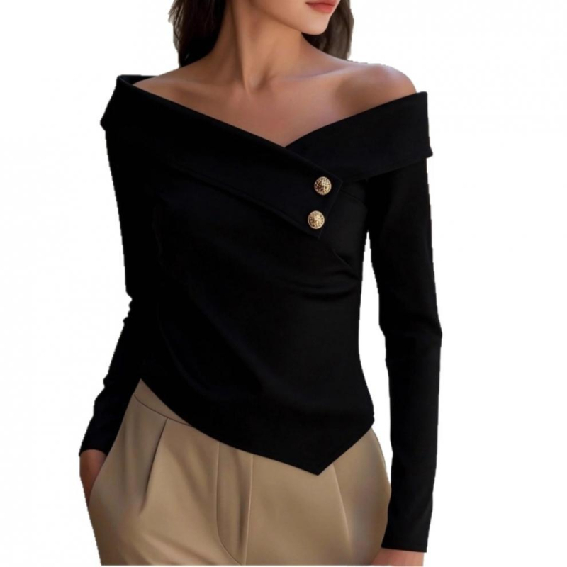 Ženski pleteni top s jednim ramenom, dugi rukav, V-izrez, srednja duljina, elegantan gradski stil