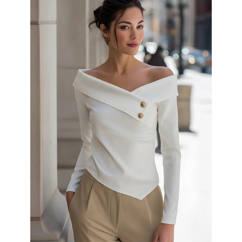 Ženski pleteni top s jednim ramenom, dugi rukav, V-izrez, srednja duljina, elegantan gradski stil
