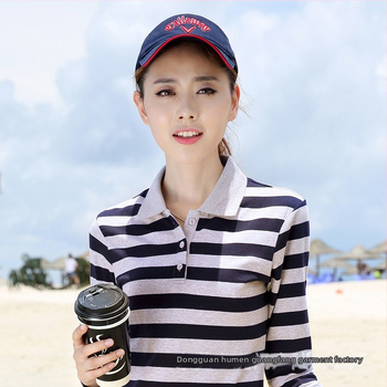 корейски стиль поло топ с дълъг ръкав, памучен трикотаж в райета, слим фит