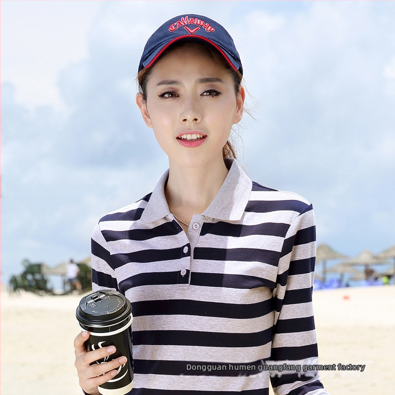 корейски стиль поло топ с дълъг ръкав, памучен трикотаж в райета, слим фит