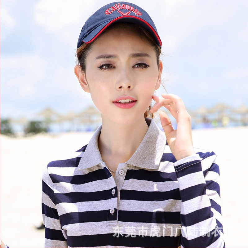 корейски стиль поло топ с дълъг ръкав, памучен трикотаж в райета, слим фит