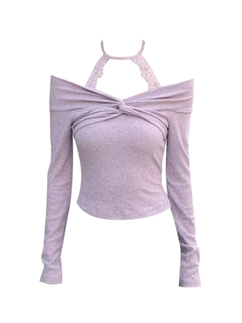 Knit top s čipkom na jedno rame, dugi rukavi, pulover stil, uski kroj, ovratnik s jednim redom.