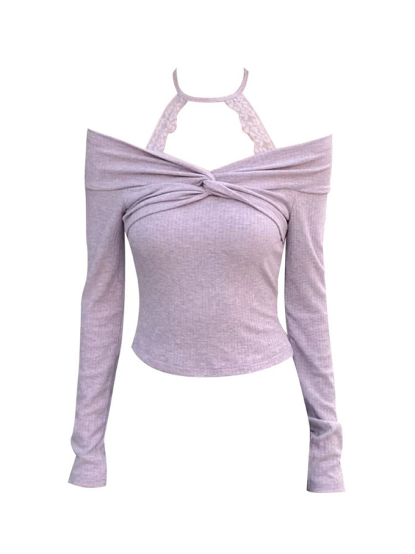 Knit top s čipkom na jedno rame, dugi rukavi, pulover stil, uski kroj, ovratnik s jednim redom.