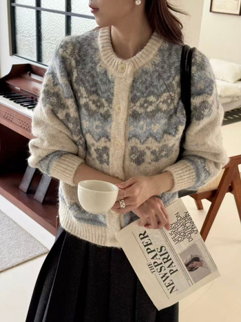 Pleten kardigan od akrilnih vlakana, slobodan kroj, okrugli vrat, minimalistički korejski stil