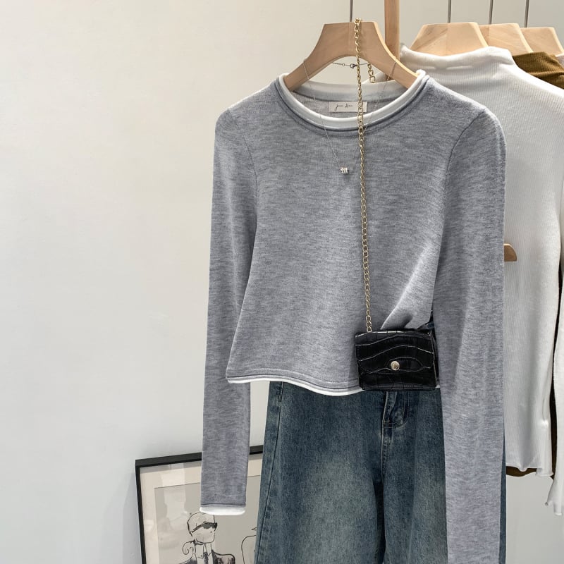 Ženski pleteni top s kontrastnim color-block dizajnom i lažnim dvostrukim učinkom, okrugli izrez, dugi rukavi, materijal: najlon/poliester