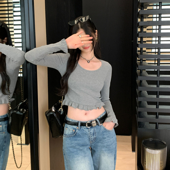 Hosszú ujjú póló kerek nyakkal, akril szálas anyag, magas derék dizájn