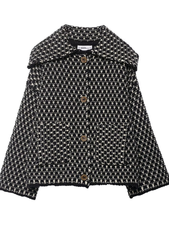 Kardigan s kariranim uzorkom, veliki ovratnik, jednostruko kopčanje, slobodan kroj, dugi rukavi, uobičajena duljina (50-65 cm)