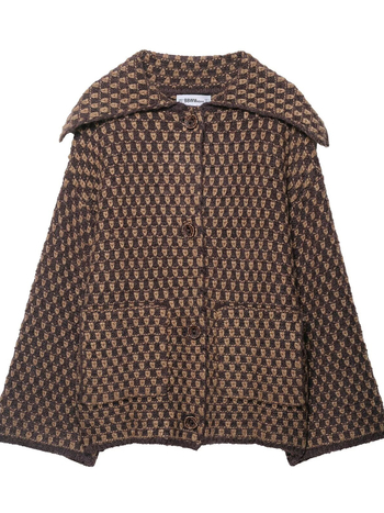 Kardigan s kariranim uzorkom, veliki ovratnik, jednostruko kopčanje, slobodan kroj, dugi rukavi, uobičajena duljina (50-65 cm)