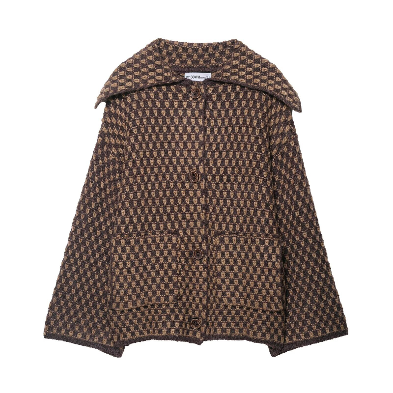 Kardigan s kariranim uzorkom, veliki ovratnik, jednostruko kopčanje, slobodan kroj, dugi rukavi, uobičajena duljina (50-65 cm)