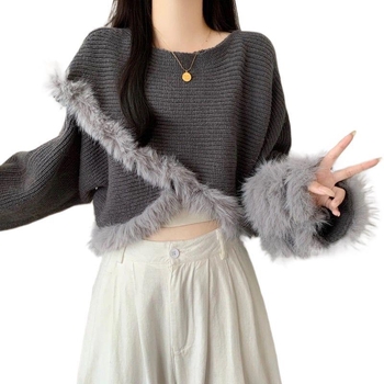 Sivi ženski oversize pulover s izšivenim detaljem, okrugli izrez, viskoza, plus size