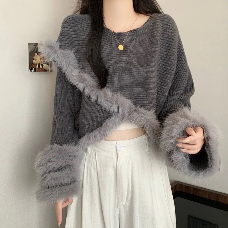 Sivi ženski oversize pulover s izšivenim detaljem, okrugli izrez, viskoza, plus size