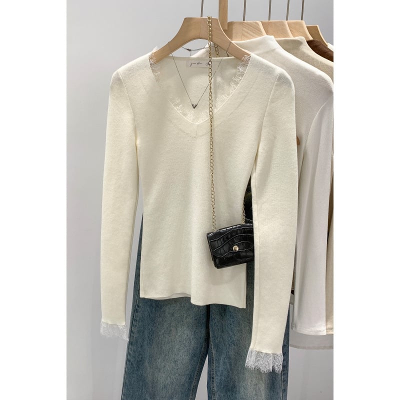 Top damă tricotat cu decolteu în V, mâneci lungi, fibre de poliester peste 95%, model solid, lungime 50–65 cm