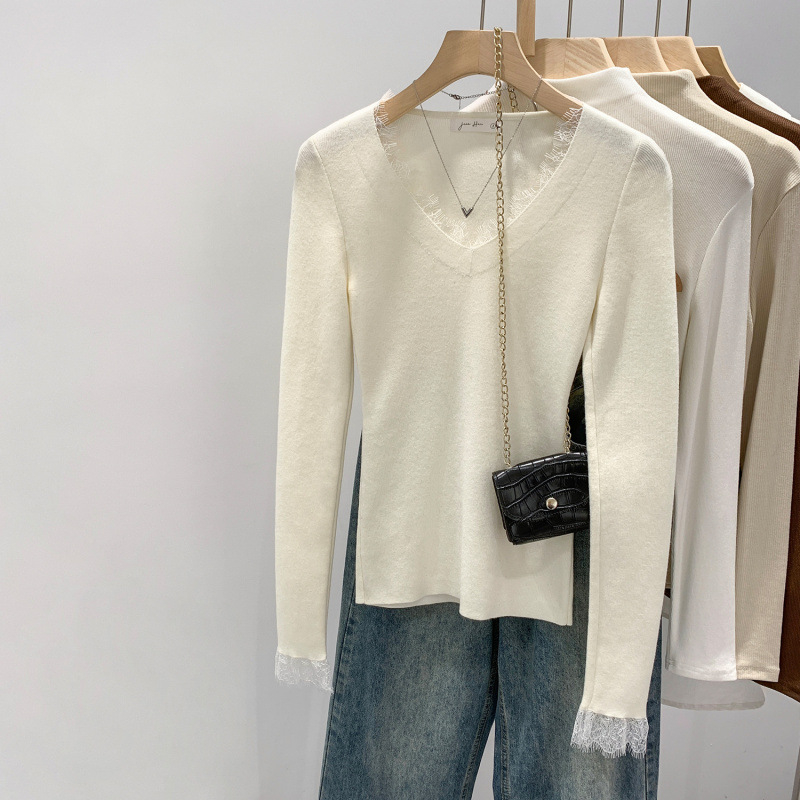 Top damă tricotat cu decolteu în V, mâneci lungi, fibre de poliester peste 95%, model solid, lungime 50–65 cm