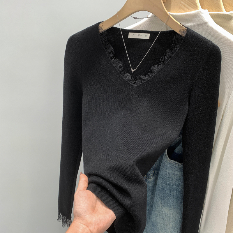 Top damă tricotat cu decolteu în V, mâneci lungi, fibre de poliester peste 95%, model solid, lungime 50–65 cm