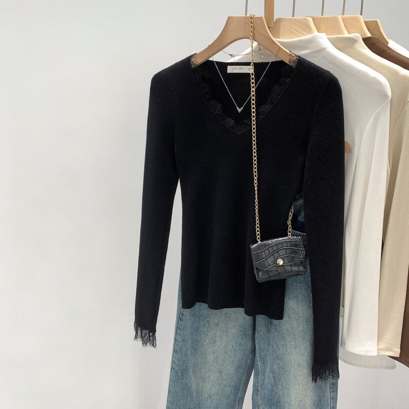 Top damă tricotat cu decolteu în V, mâneci lungi, fibre de poliester peste 95%, model solid, lungime 50–65 cm