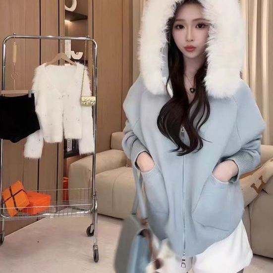 Kardigan s kapuljačom i zipom, pleteni materijal Ice Silk i Spandex, slobodan kroj