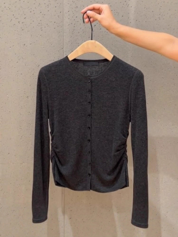Dugi rukav pleteni top s okruglim ovratnikom, poliester, kardigan stil, gradski stil, patchwork detalji