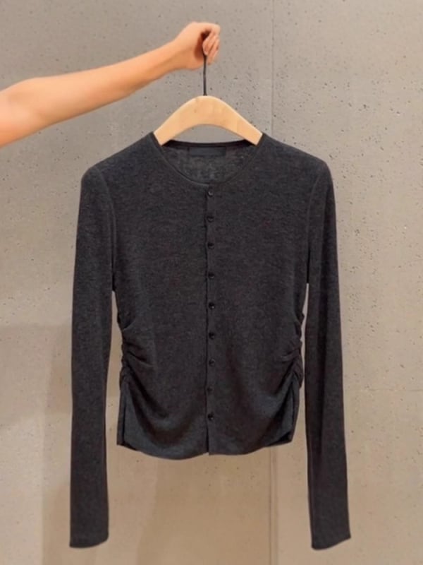 Dugi rukav pleteni top s okruglim ovratnikom, poliester, kardigan stil, gradski stil, patchwork detalji
