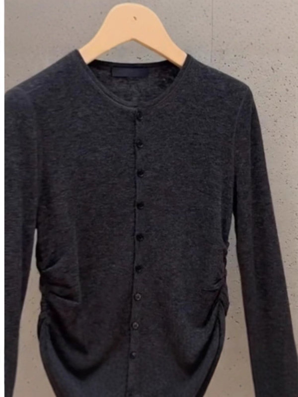 Dugi rukav pleteni top s okruglim ovratnikom, poliester, kardigan stil, gradski stil, patchwork detalji