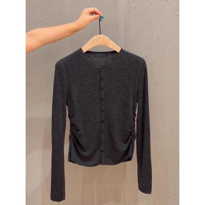Dugi rukav pleteni top s okruglim ovratnikom, poliester, kardigan stil, gradski stil, patchwork detalji