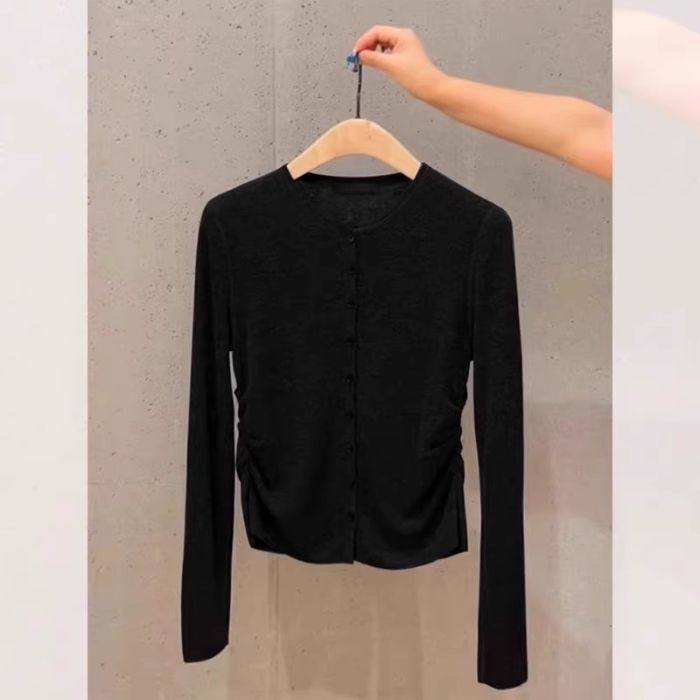 Dugi rukav pleteni top s okruglim ovratnikom, poliester, kardigan stil, gradski stil, patchwork detalji