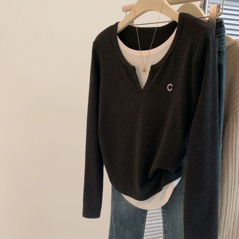 Majica s V izrezom, Slim fit, dugi rukavi, lažni dizajn dvaju dijelova (Materijal: Derong; Stil: pulover, urban; Rukavi: dugi; Duljina: normalna)