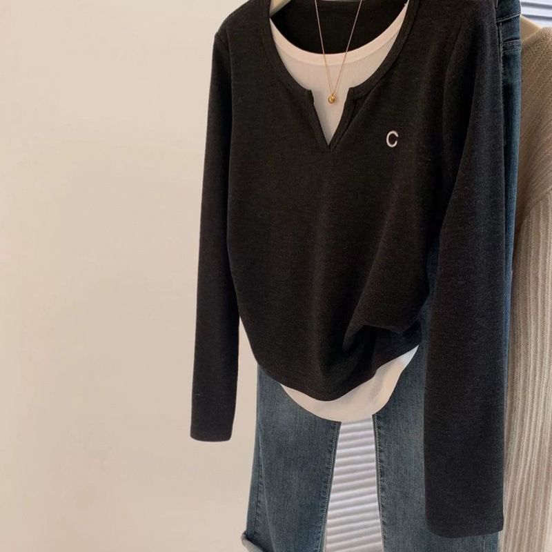 Majica s V izrezom, Slim fit, dugi rukavi, lažni dizajn dvaju dijelova (Materijal: Derong; Stil: pulover, urban; Rukavi: dugi; Duljina: normalna)