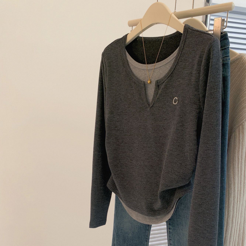 Majica s V izrezom, Slim fit, dugi rukavi, lažni dizajn dvaju dijelova (Materijal: Derong; Stil: pulover, urban; Rukavi: dugi; Duljina: normalna)