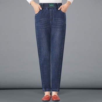 Τζιν τύπου μαμά με υψηλή μέση, σε χαρέμ γραμμή, με φλίς επένδυση, βαμβακερό ντένιμ, παχιά υφή για φθινόπωρο-χειμώνα