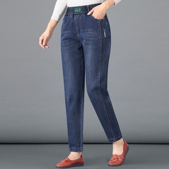 Τζιν τύπου μαμά με υψηλή μέση, σε χαρέμ γραμμή, με φλίς επένδυση, βαμβακερό ντένιμ, παχιά υφή για φθινόπωρο-χειμώνα