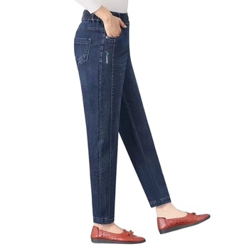 Τζιν τύπου μαμά με υψηλή μέση, σε χαρέμ γραμμή, με φλίς επένδυση, βαμβακερό ντένιμ, παχιά υφή για φθινόπωρο-χειμώνα