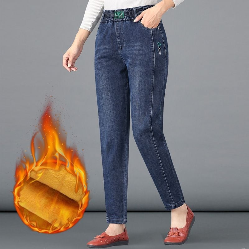 Τζιν τύπου μαμά με υψηλή μέση, σε χαρέμ γραμμή, με φλίς επένδυση, βαμβακερό ντένιμ, παχιά υφή για φθινόπωρο-χειμώνα