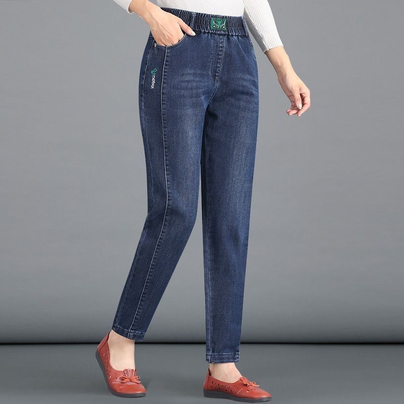 Τζιν τύπου μαμά με υψηλή μέση, σε χαρέμ γραμμή, με φλίς επένδυση, βαμβακερό ντένιμ, παχιά υφή για φθινόπωρο-χειμώνα