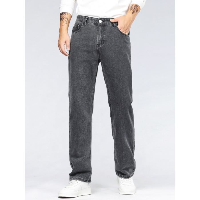 Muške traperice za jesen-zimu, casual slim-fit straight, visok pas, 98% pamuk, kamenasto pranje, detalj džepa