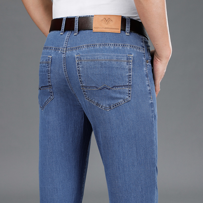 Pánske džínsy s rovným strihom, vysokým pásom, tenké, zips, polyester