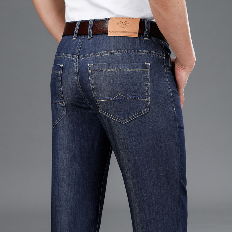 Pánske džínsy s rovným strihom, vysokým pásom, tenké, zips, polyester