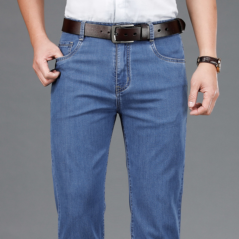 Pánske džínsy s rovným strihom, vysokým pásom, tenké, zips, polyester