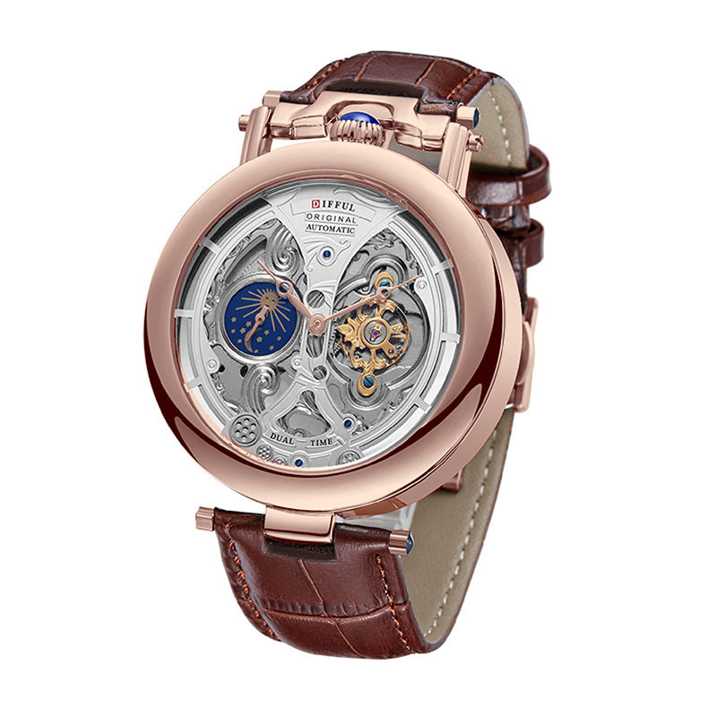 Difful DF-Z2032 Muški mehanički sat s tourbillonom, vodootporan do 30m, prozirna stražnja stranica, kožni remen, mehanizam Dandong