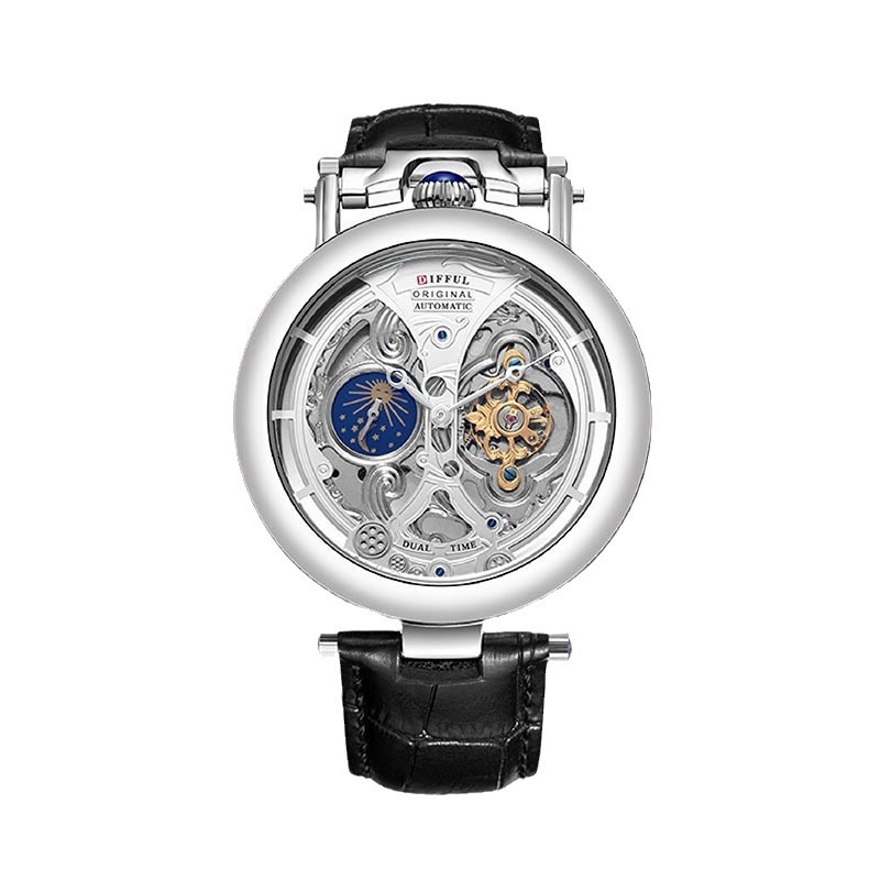 Difful DF-Z2032 Muški mehanički sat s tourbillonom, vodootporan do 30m, prozirna stražnja stranica, kožni remen, mehanizam Dandong