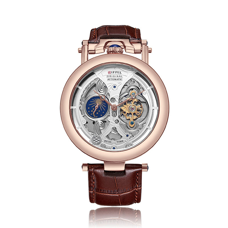 Difful DF-Z2032 Muški mehanički sat s tourbillonom, vodootporan do 30m, prozirna stražnja stranica, kožni remen, mehanizam Dandong