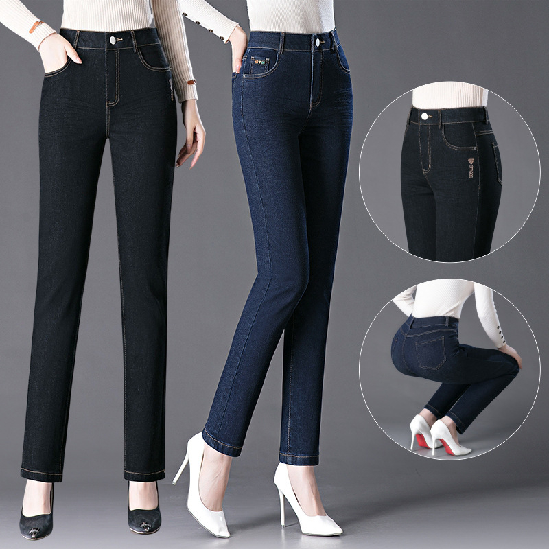 Τζιν από ντένιμ για γυναίκες – ψηλή μέση, ίσια γραμμή, 70–80% βαμβάκι με πολυεστέρα, υψηλή ελαστικότητα, μεσαίου βάρους