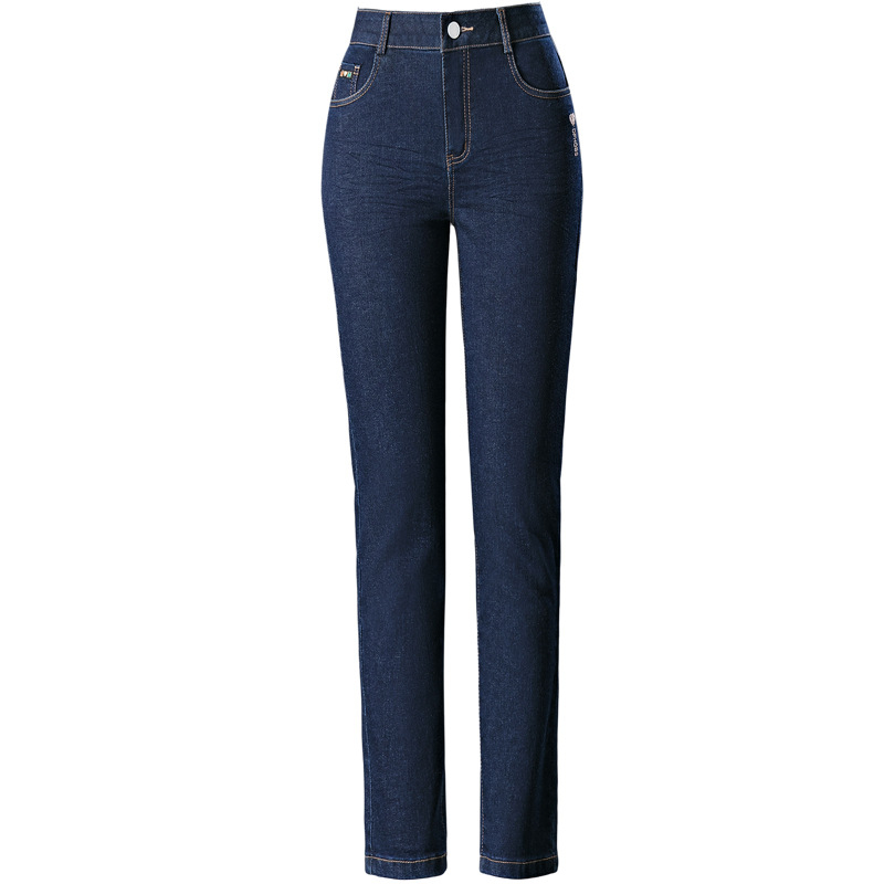 Τζιν από ντένιμ για γυναίκες – ψηλή μέση, ίσια γραμμή, 70–80% βαμβάκι με πολυεστέρα, υψηλή ελαστικότητα, μεσαίου βάρους