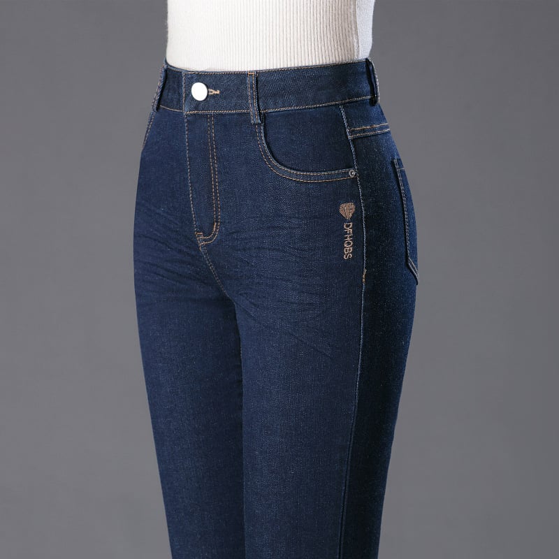 Τζιν από ντένιμ για γυναίκες – ψηλή μέση, ίσια γραμμή, 70–80% βαμβάκι με πολυεστέρα, υψηλή ελαστικότητα, μεσαίου βάρους