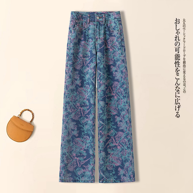 Τυπωμένες ντένιμ φαρδιές παντελόνες για γυναίκες, υψηλή μέση, μίξη βαμβάκι-ντένιμ, φθινόπωρο 2025